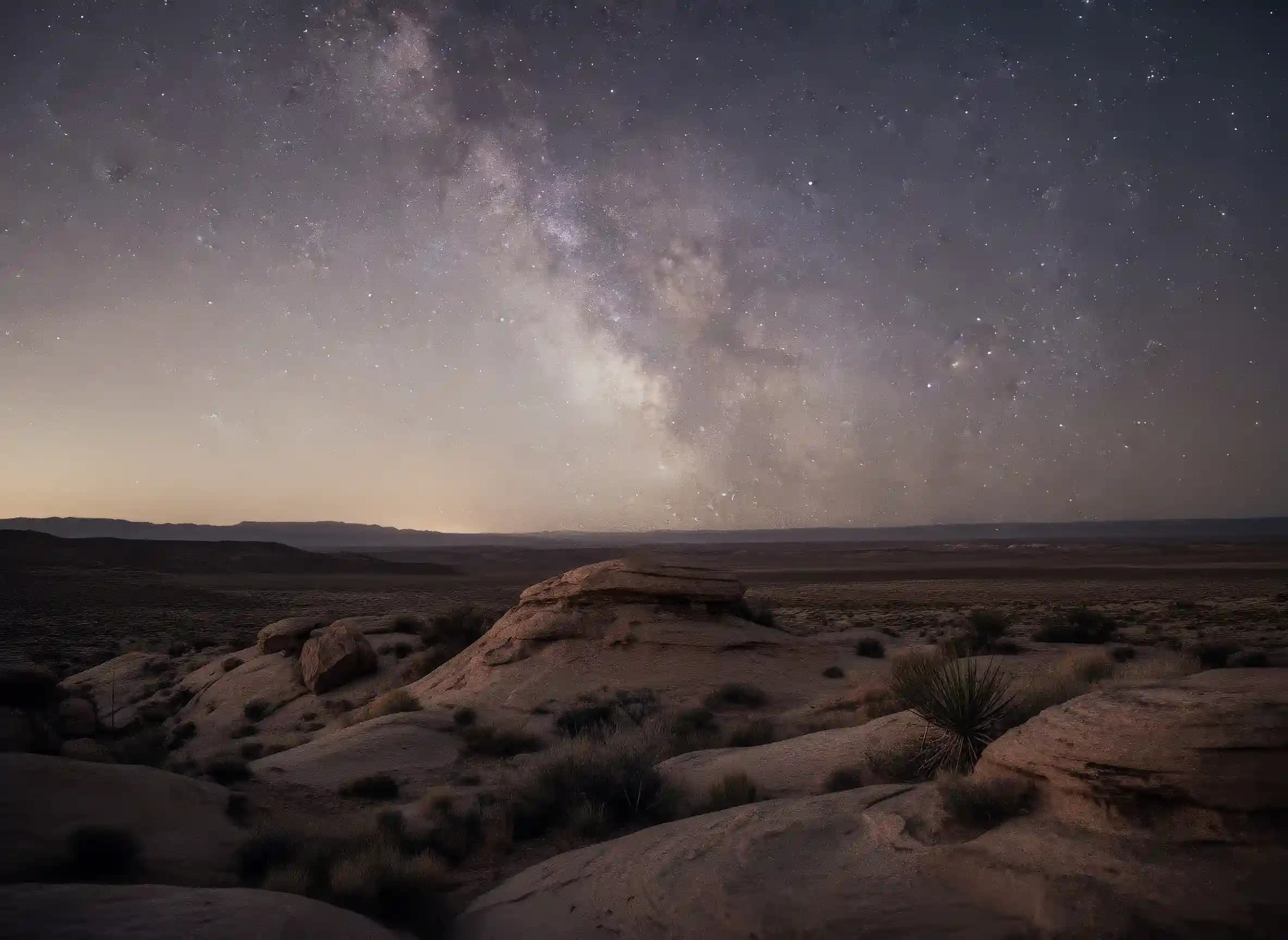 Cielo nocturno sobre paisaje desértico, atmósfera mística y serena